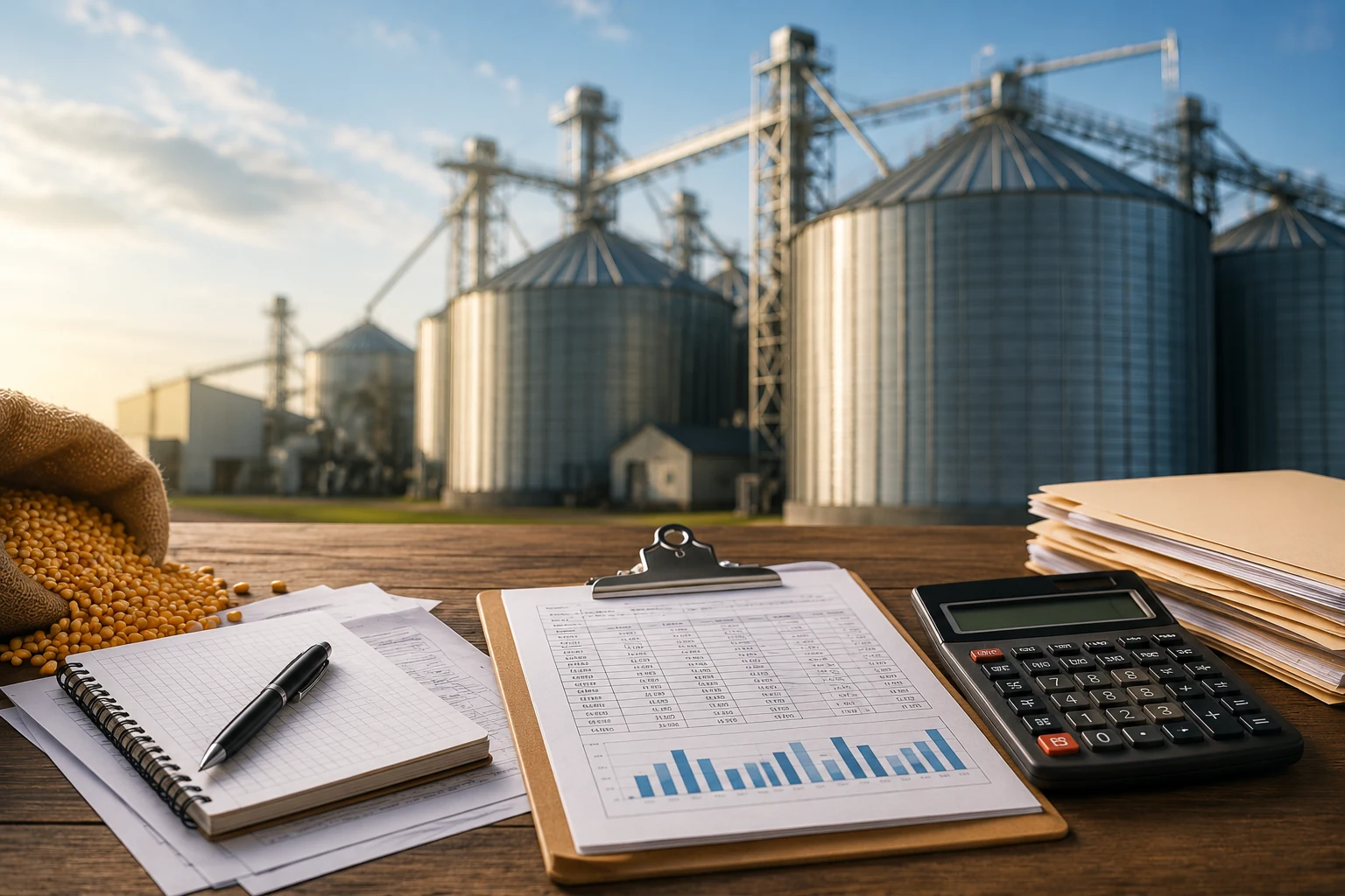 Grain accounting records and calculator at a grain elevator facility