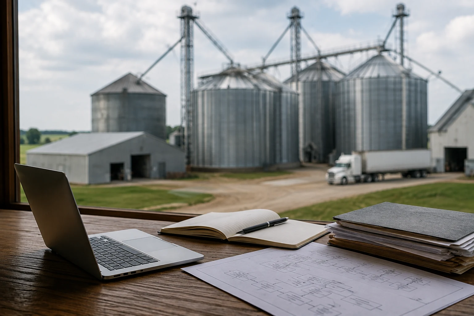 Laptop and records overlooking a grain elevator during a grain software transition